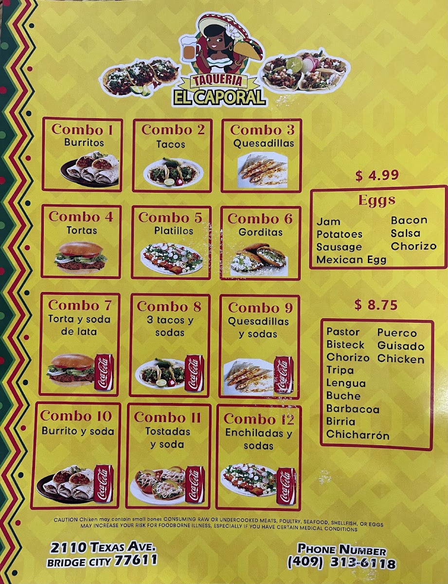 El auténtico taco él caporal menu board