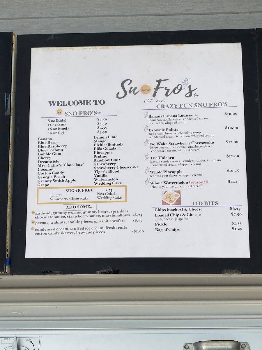 Sno Fro's menu board