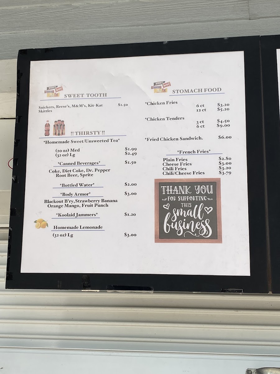 Sno Fro's menu board