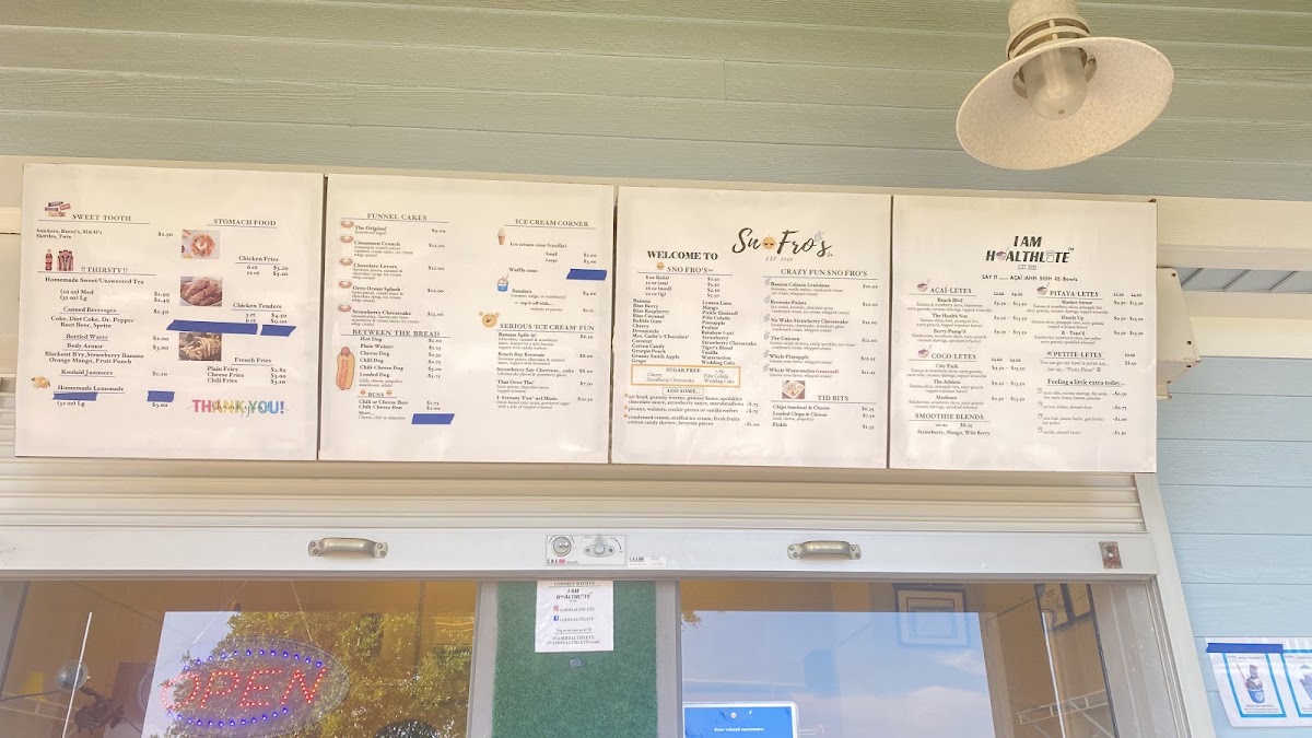 Sno Fro's menu board