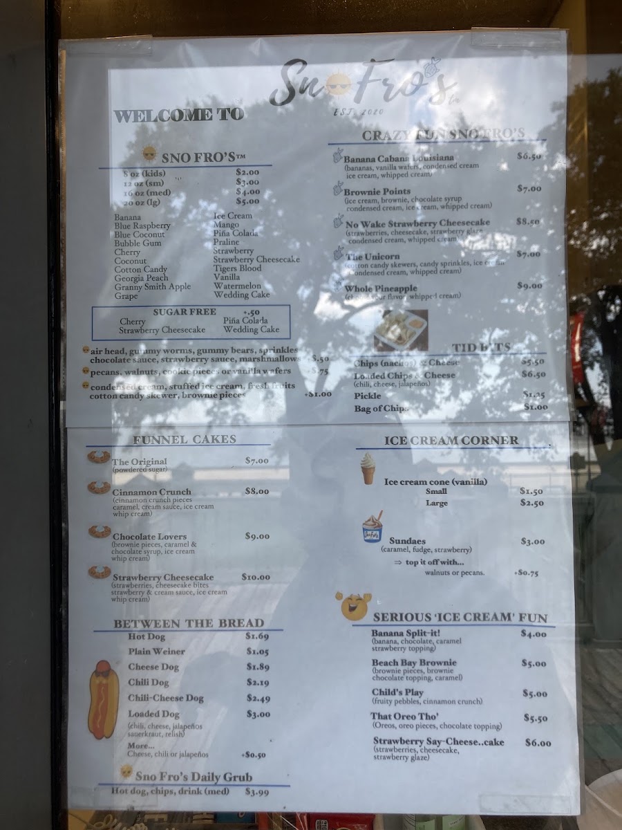 Sno Fro's menu board