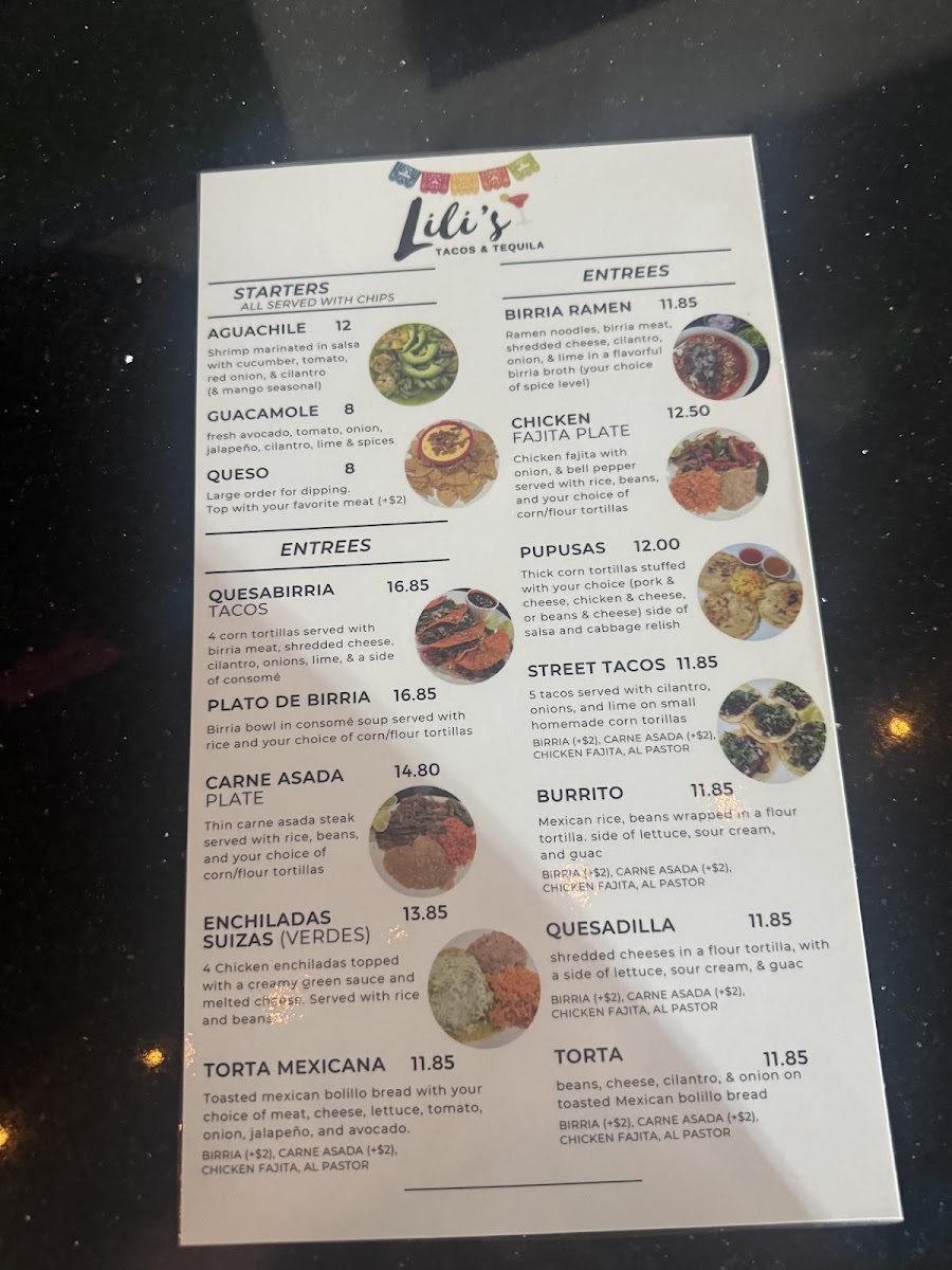Lili's Tacos & Tequila menu board