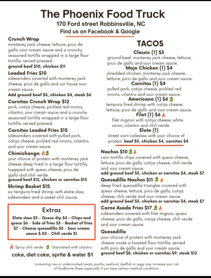 The Phoenix food truck menu board
