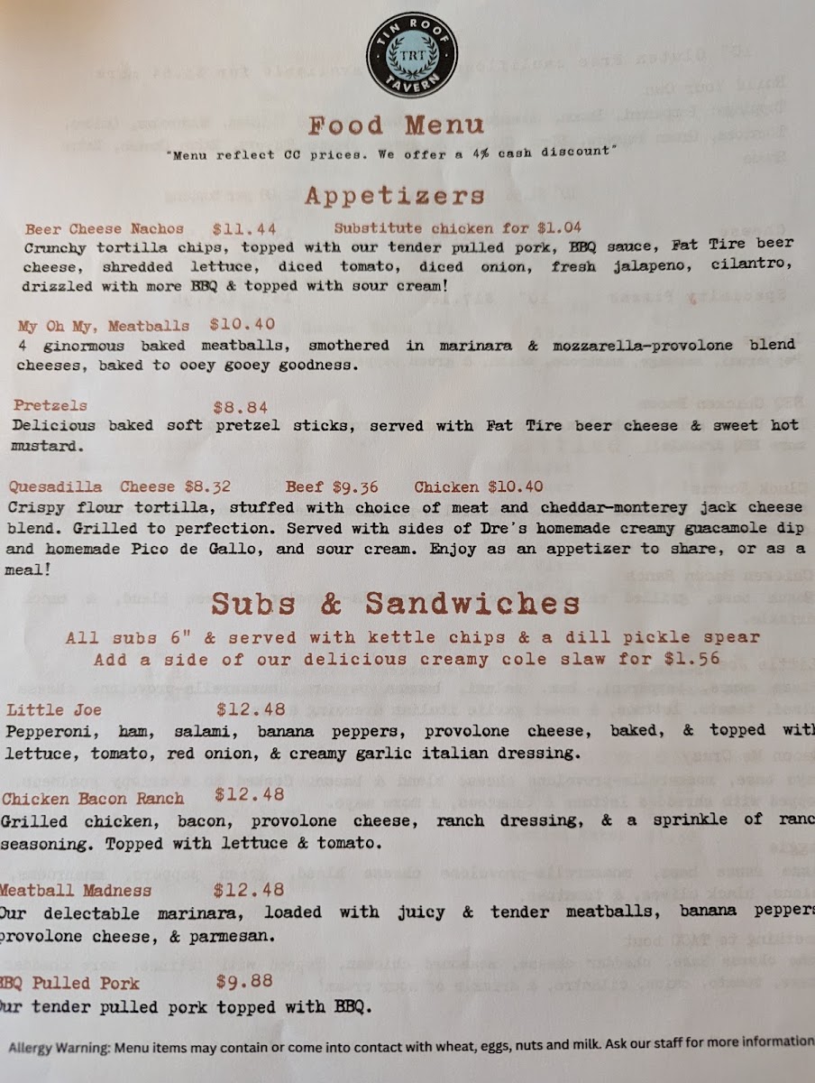 Tin Roof Tavern menu board