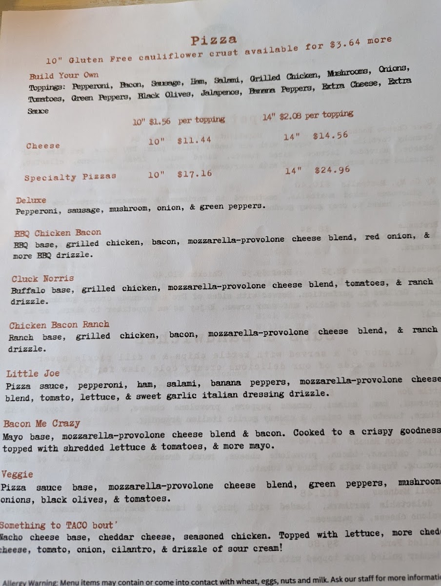 Tin Roof Tavern menu board