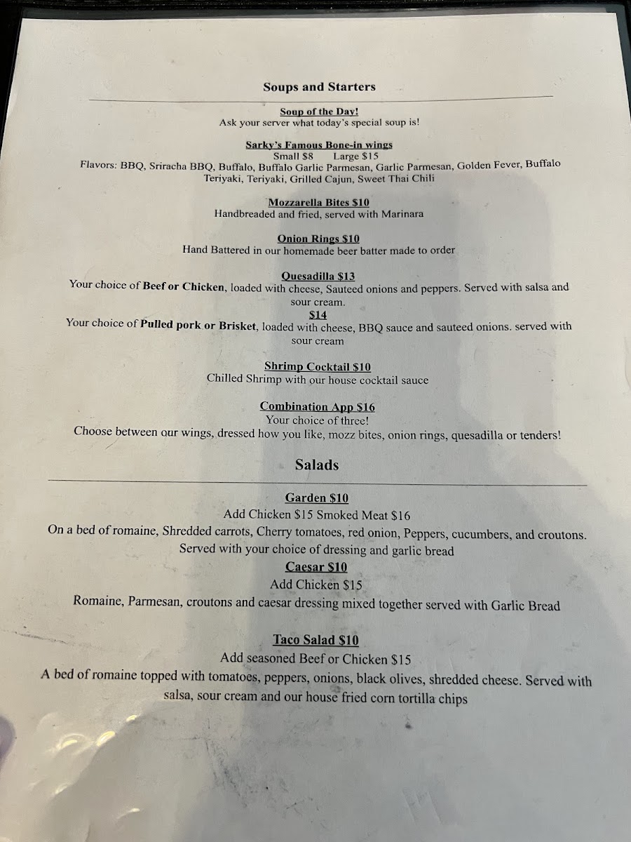 Sarkys Smokehouse menu board