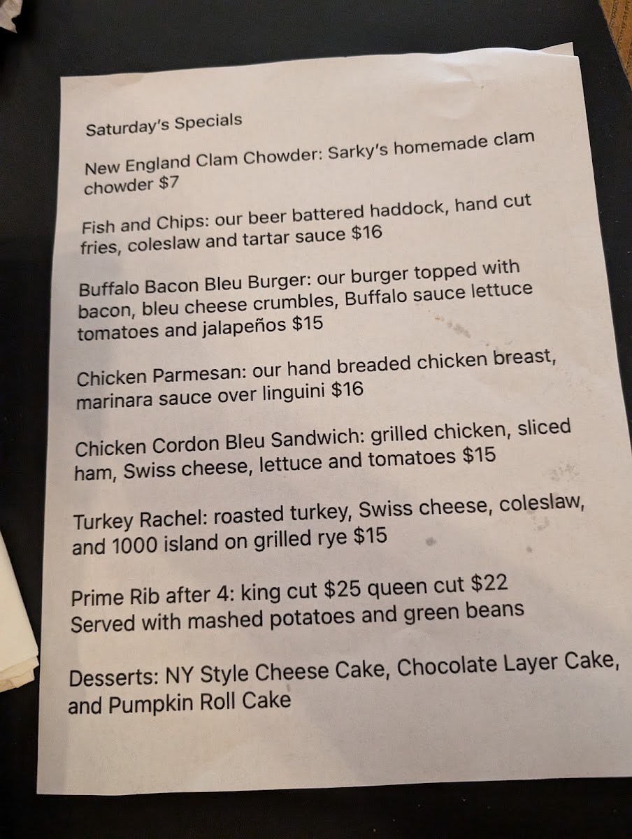 Sarkys Smokehouse menu board