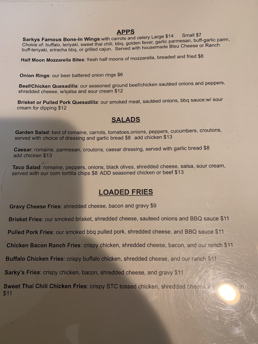 Sarkys Smokehouse menu board