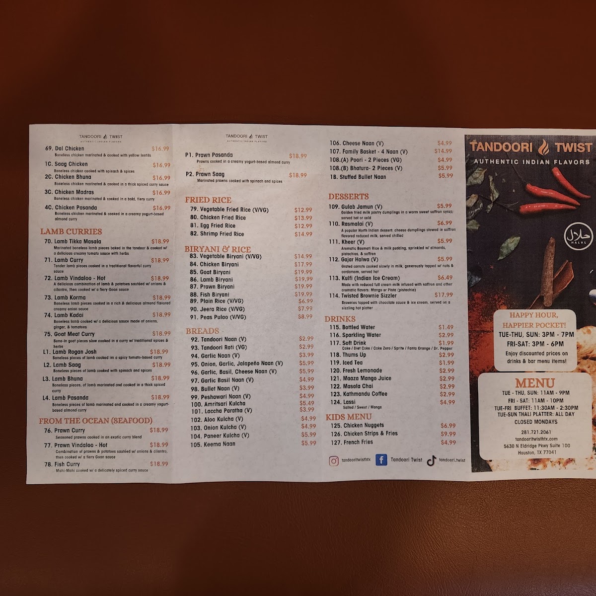 Tandoori Twist - Restaurant, Bar & Catering menu board