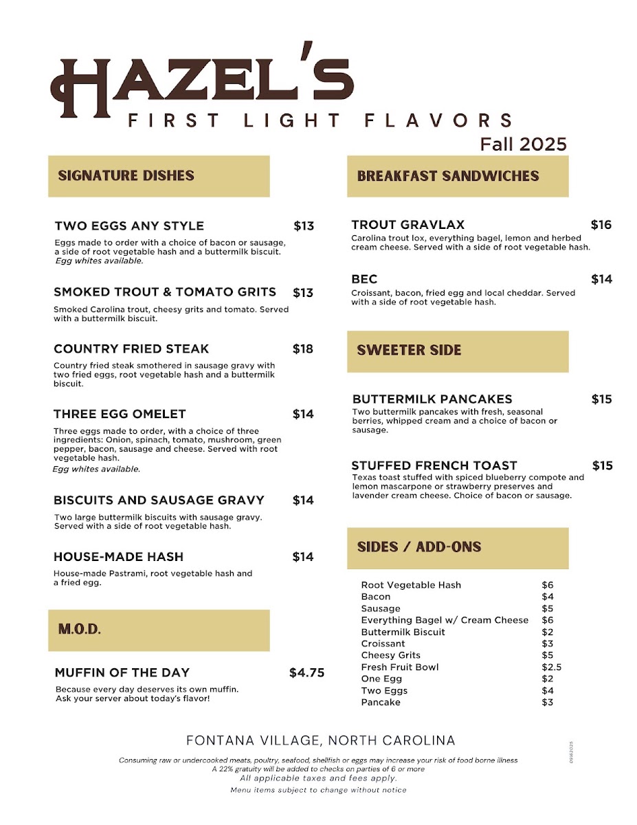 Hazel's Restaurant and Lounge menu board