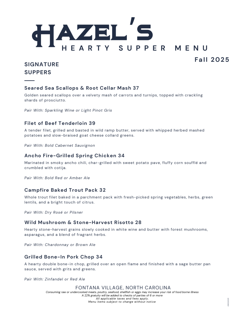 Hazel's Restaurant and Lounge menu board