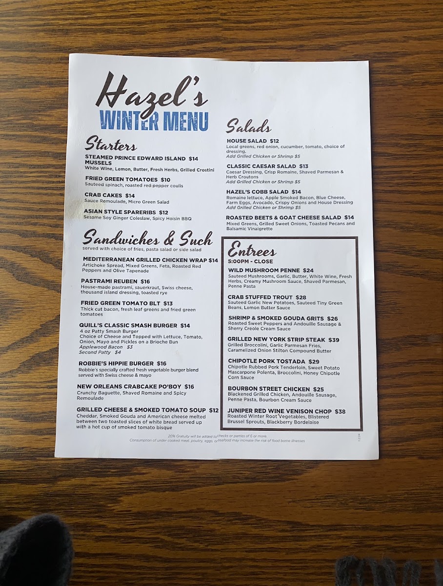 Hazel's Restaurant and Lounge menu board