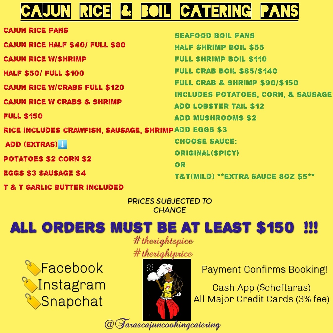 Tara's Cajun Cooking Catering menu board