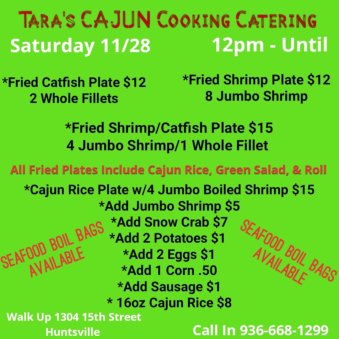 Tara's Cajun Cooking Catering menu board