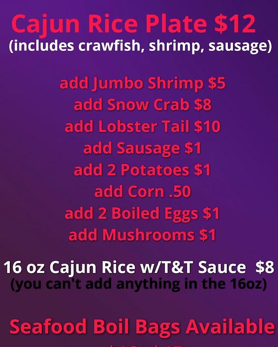 Tara's Cajun Cooking Catering menu board
