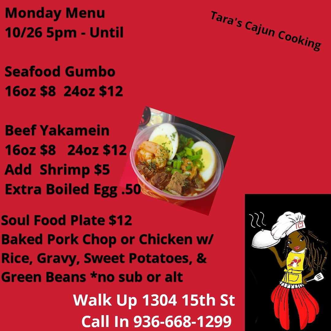 Tara's Cajun Cooking Catering menu board