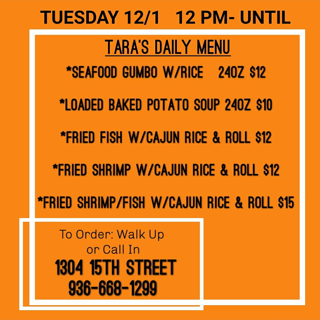 Tara's Cajun Cooking Catering menu board