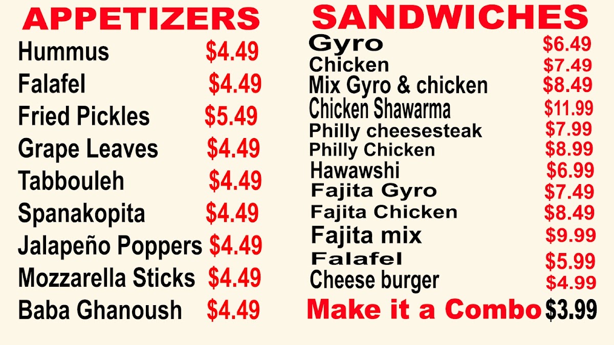 Ramiro Gyros Mediterranean Food menu board