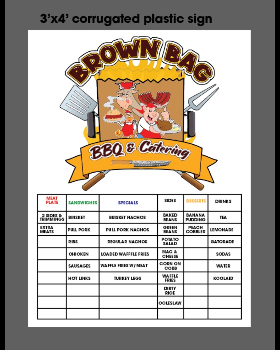 Brown Bag BBQ and Catering, LLC menu board