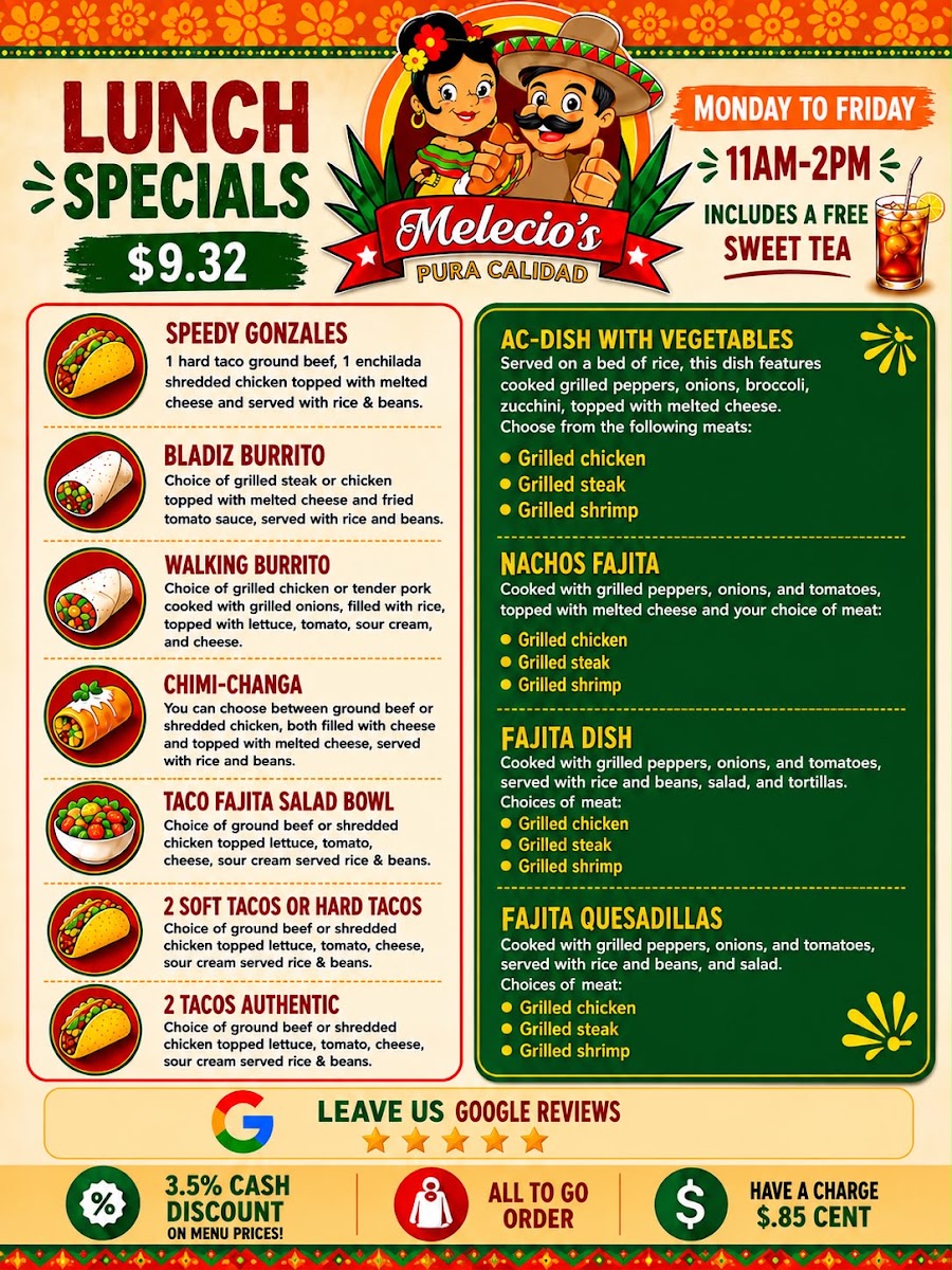 Melecios Mexican Express Stedman NC menu board