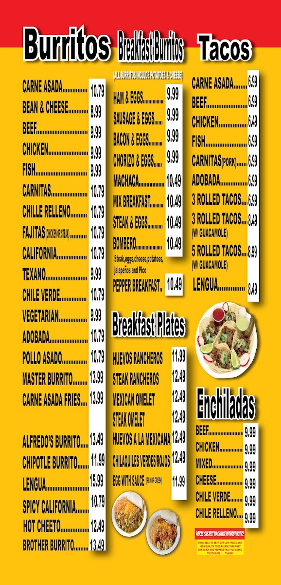 Alfredo's Mexican Food menu board