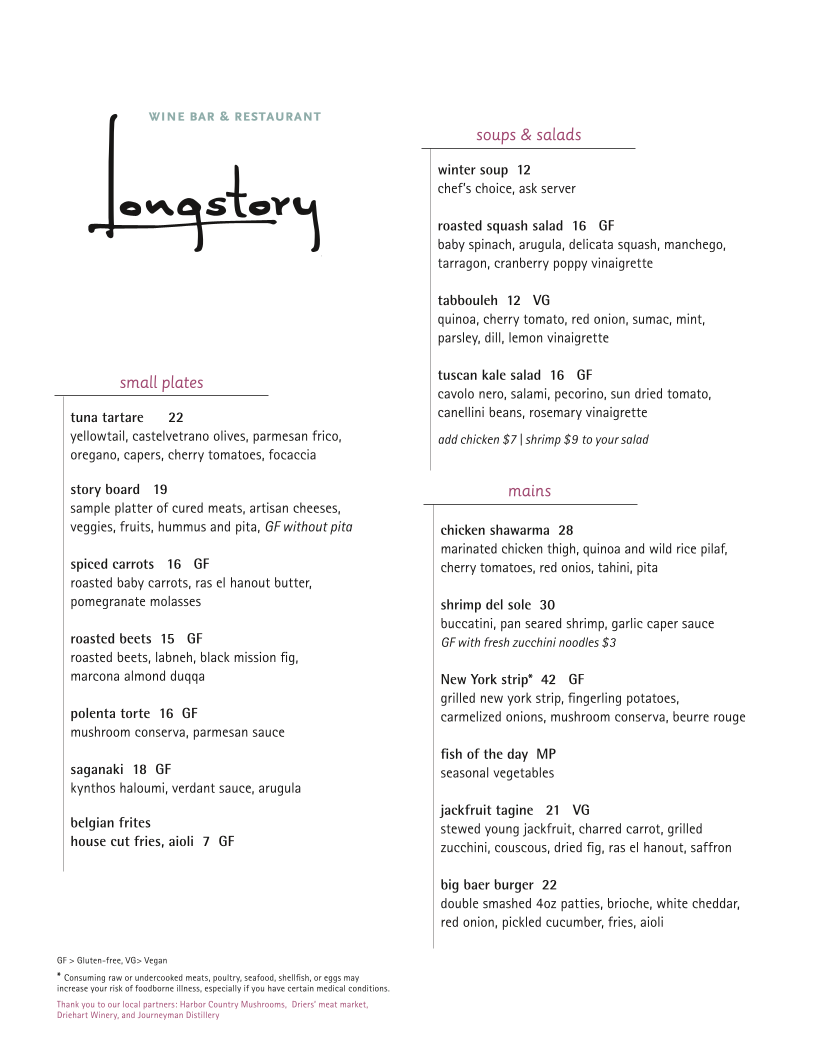 Longstory Wine Bar & Restaurant menu board
