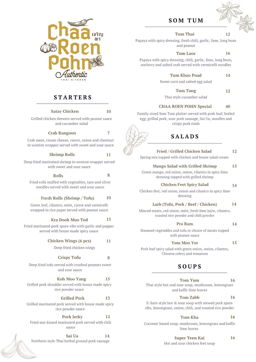 Chaa Roen Pohn menu board