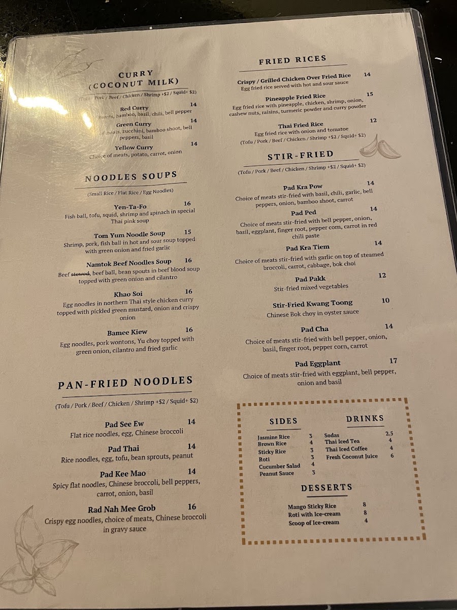 Chaa Roen Pohn menu board