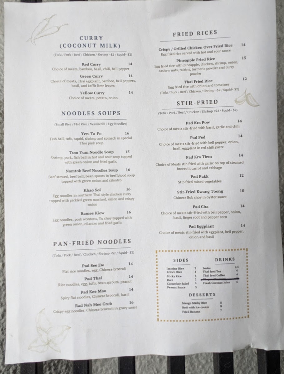 Chaa Roen Pohn menu board