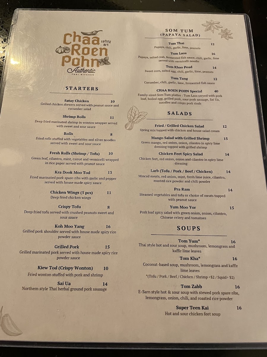 Chaa Roen Pohn menu board