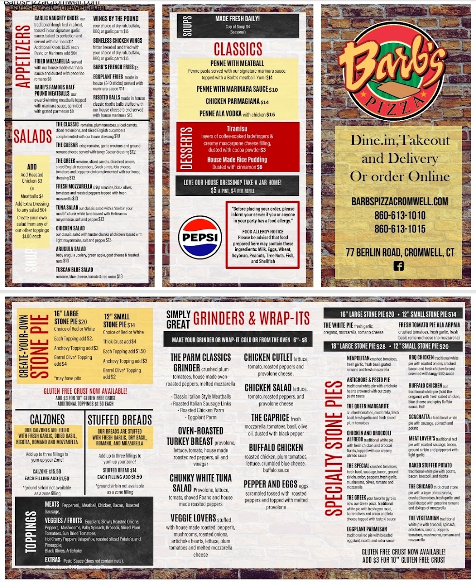 Barb's Pizza Cromwell menu board