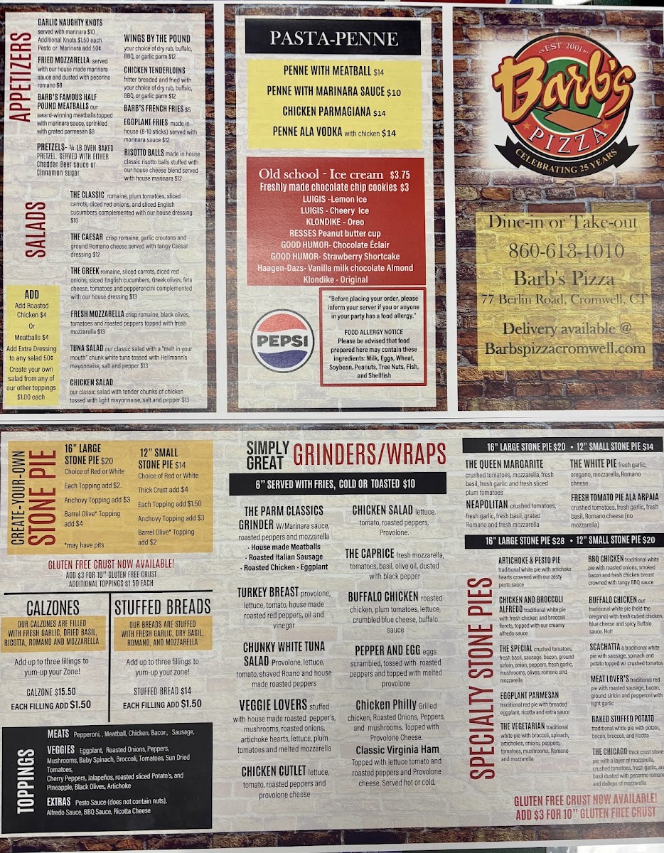Barb's Pizza Cromwell menu board