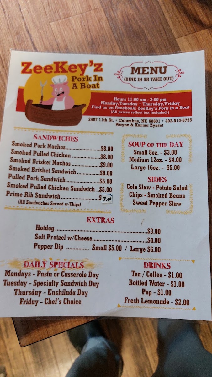 Zeekyz Pork in a Boat menu board