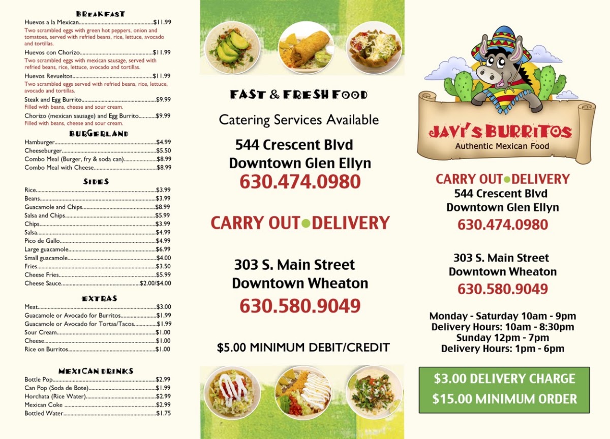 Javi's Burritos menu board