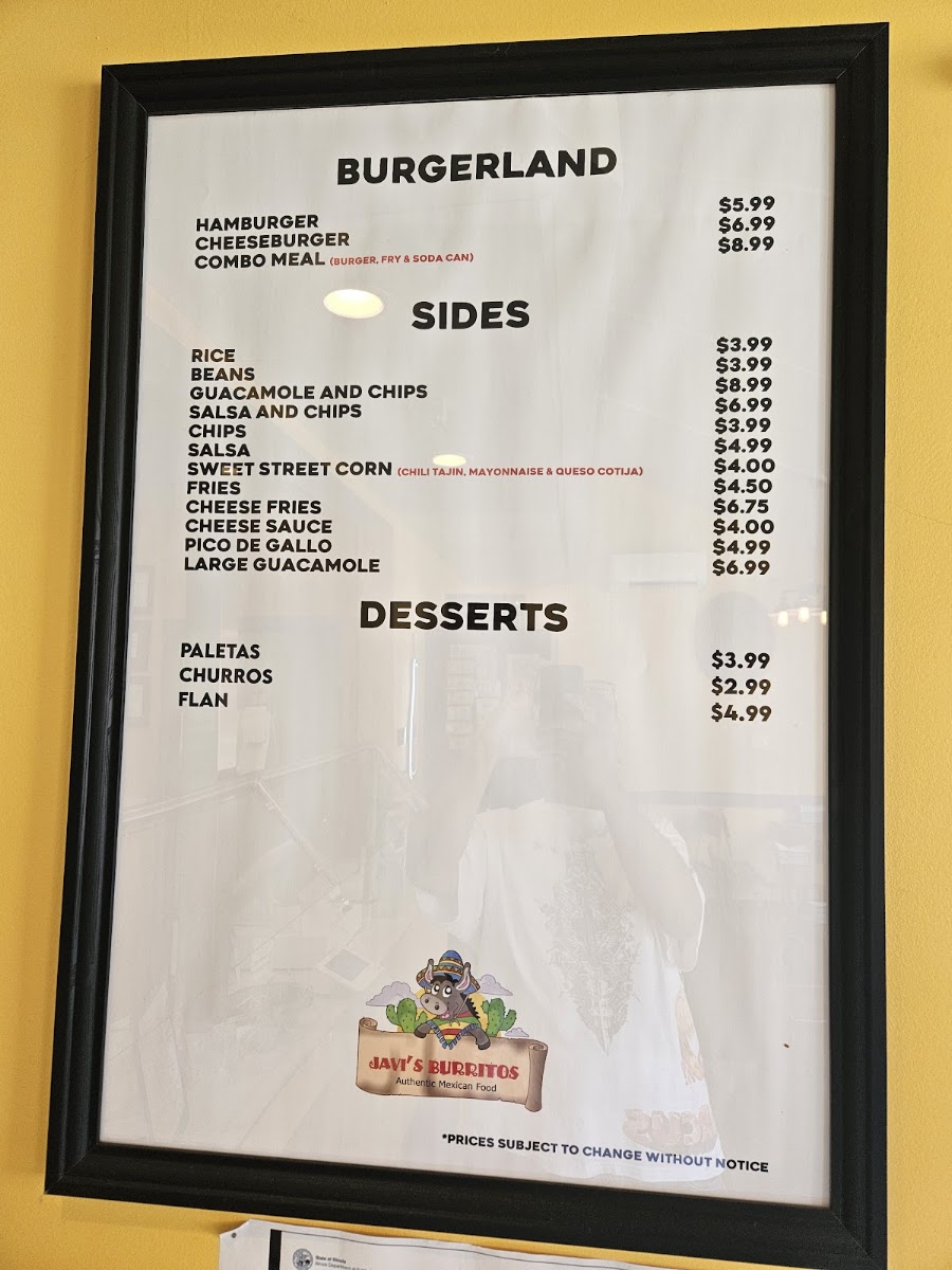Javi's Burritos menu board
