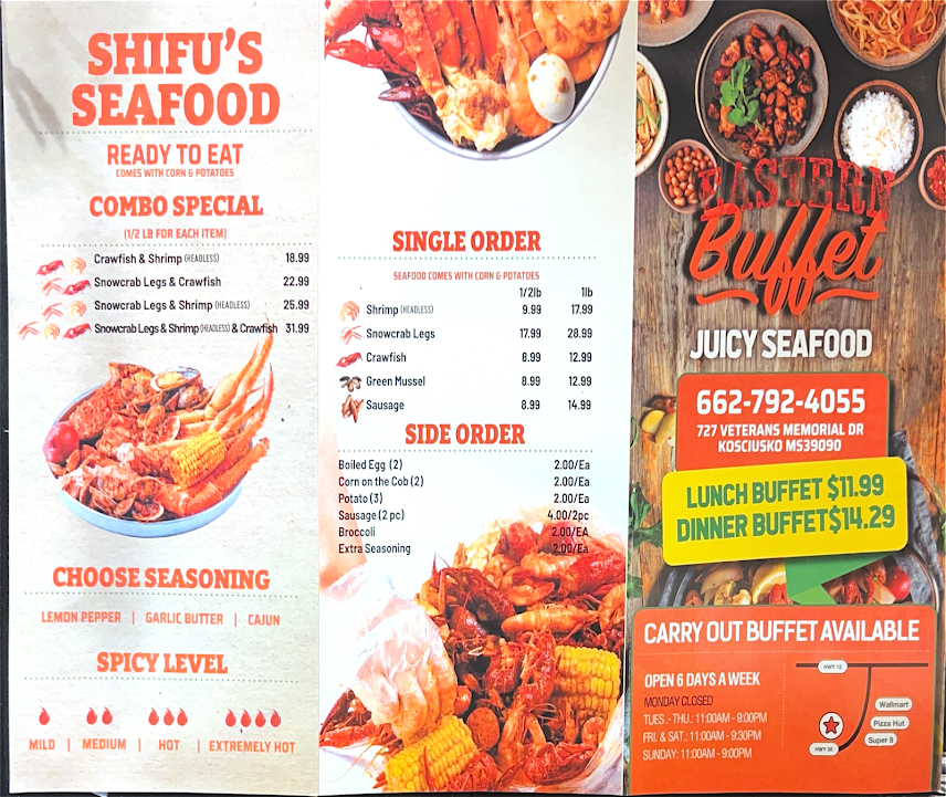 Eastern Buffet / Juicy Seafood menu board