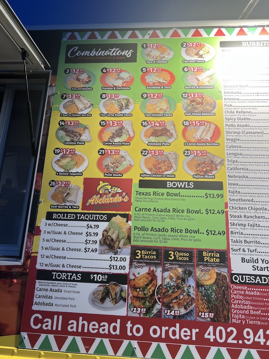 Abelardo's Mexican Fresh Food Truck menu board