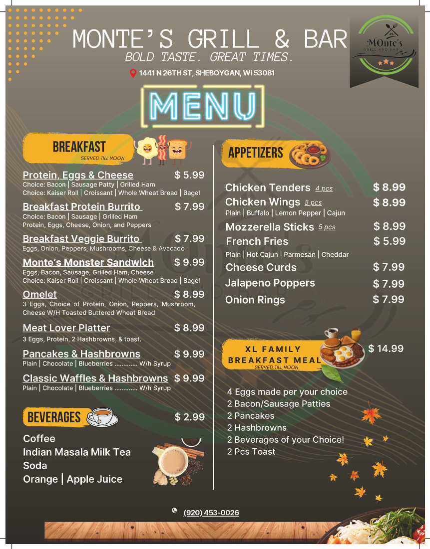 Monte's Grill and Bar menu board