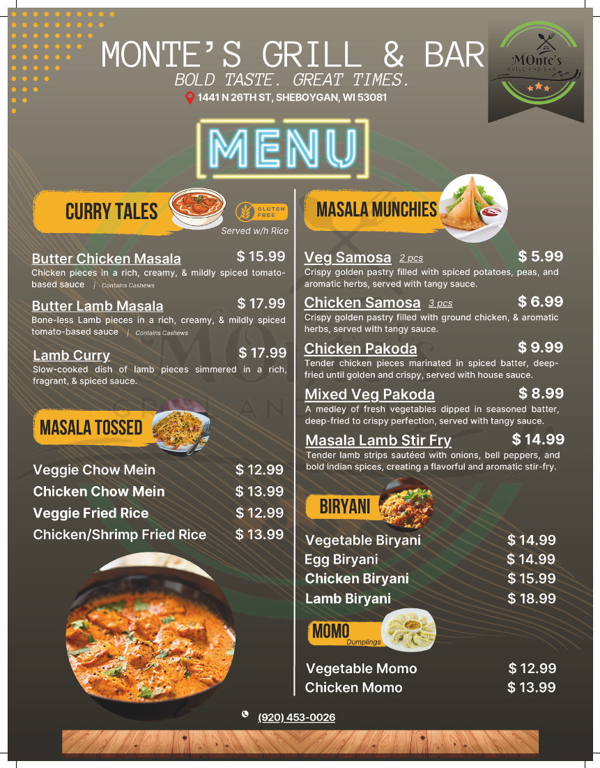 Monte's Grill and Bar menu board