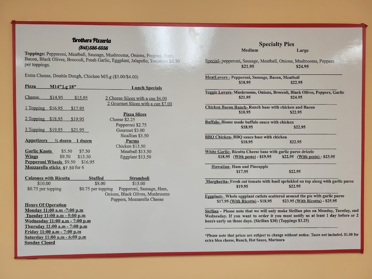 Brothers pizzeria Inc menu board