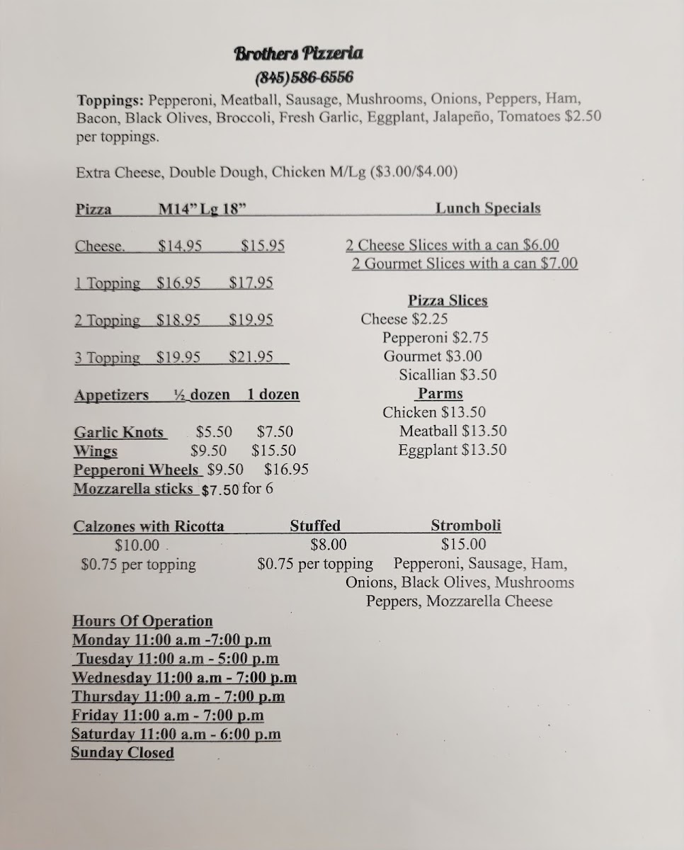 Brothers pizzeria Inc menu board