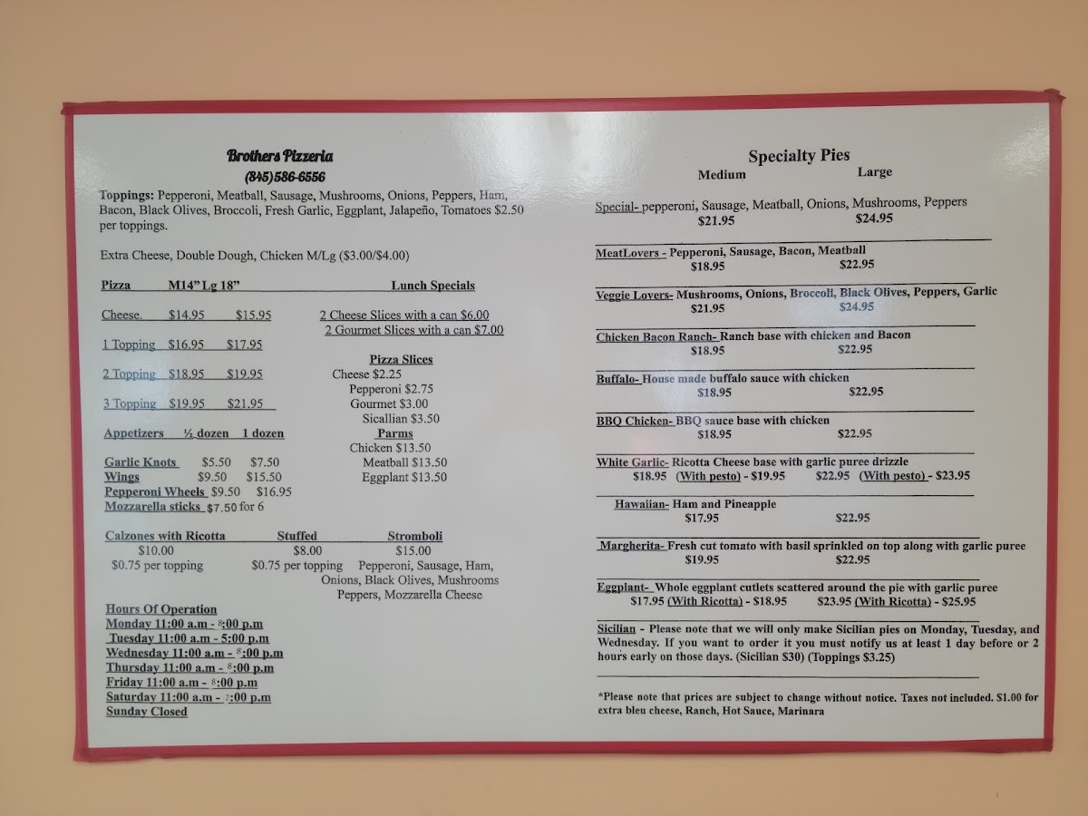 Brothers pizzeria Inc menu board