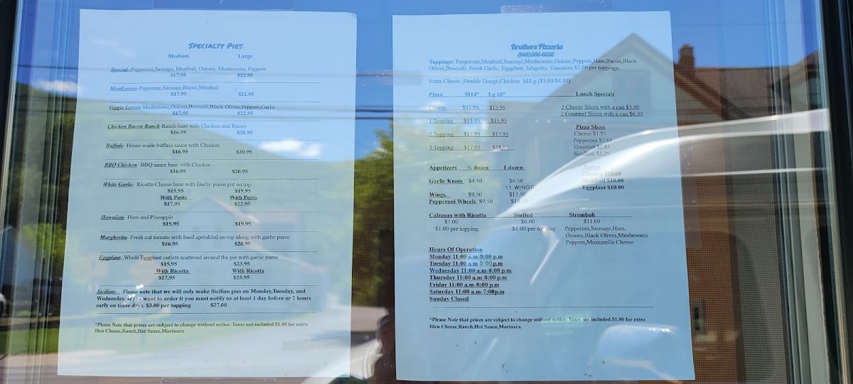 Brothers pizzeria Inc menu board