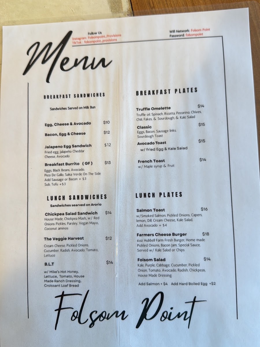 Folsom Point Cafe menu board