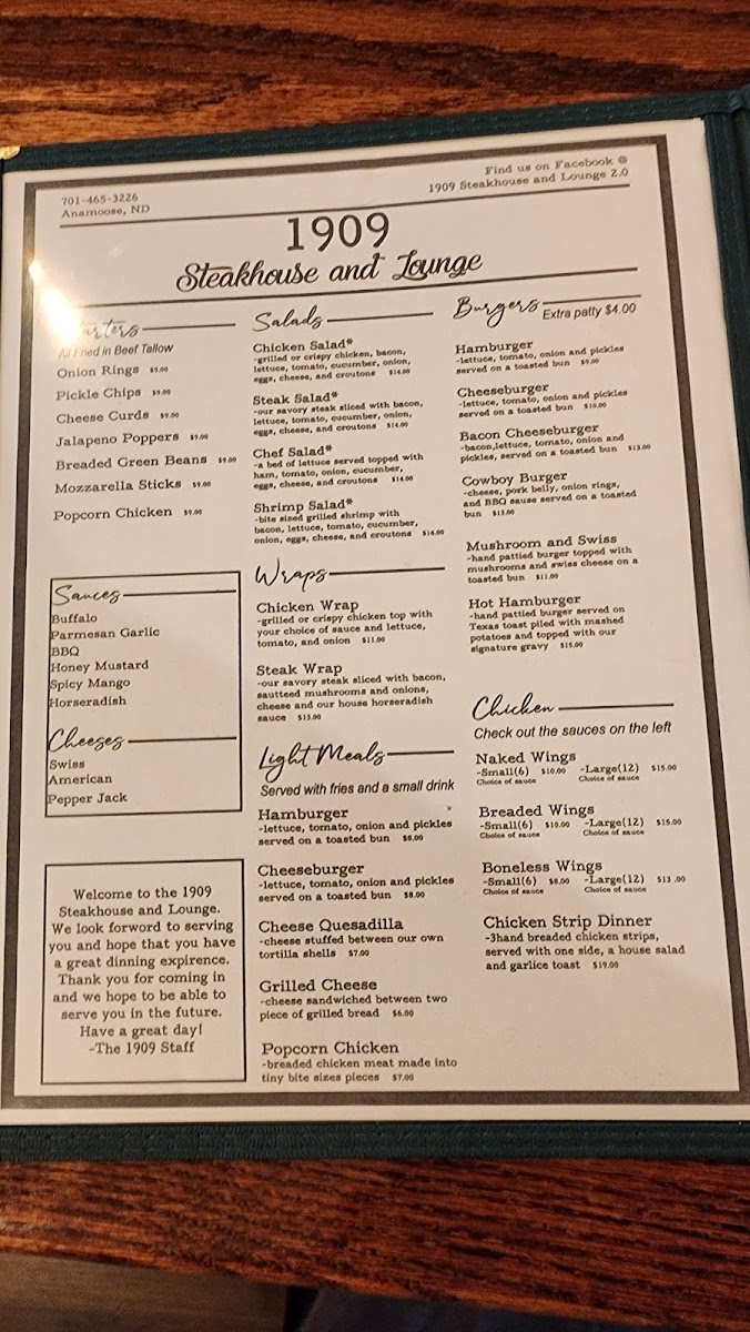 1909 Steakhouse and Lounge menu board