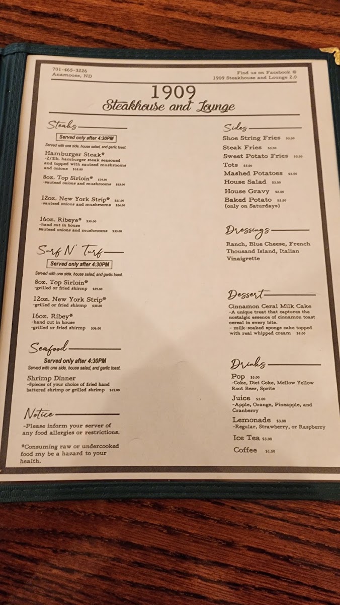 1909 Steakhouse and Lounge menu board