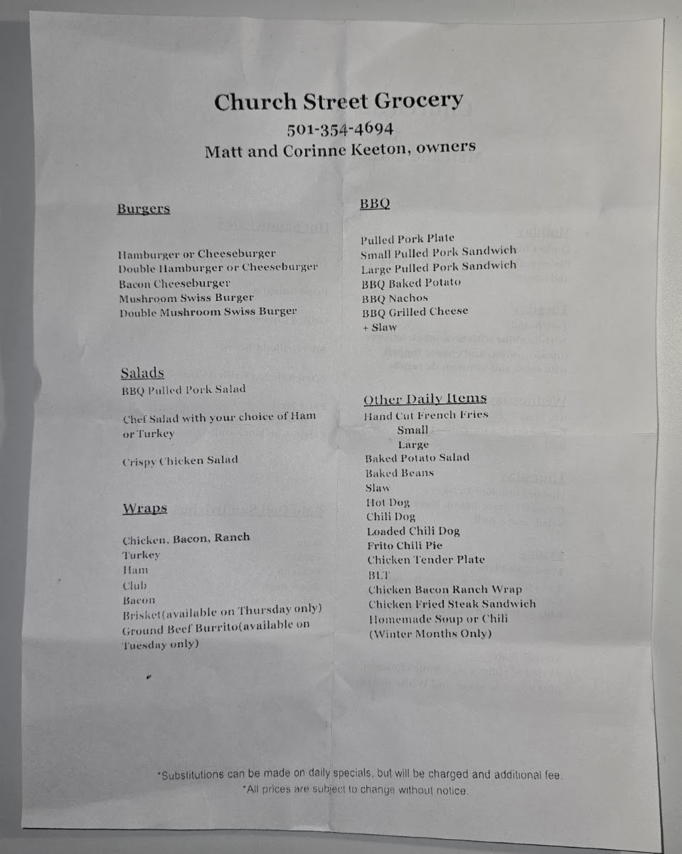 Church Street Grocery menu board