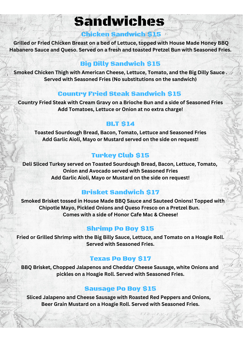 Honor Cafe Huntsville menu board