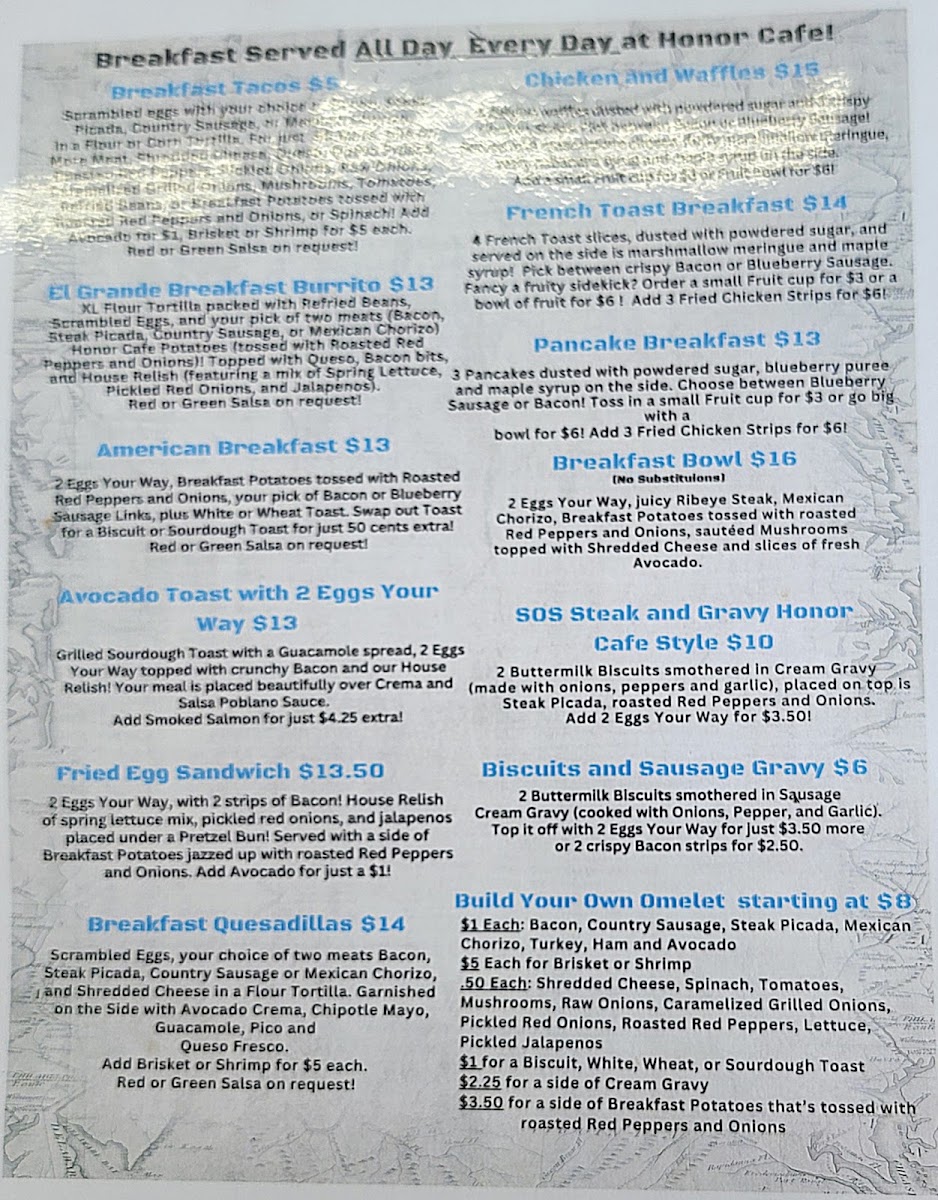 Honor Cafe Huntsville menu board