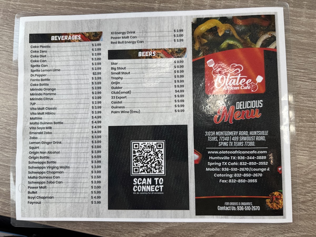 OLATEE AFRICAN CAFE menu board